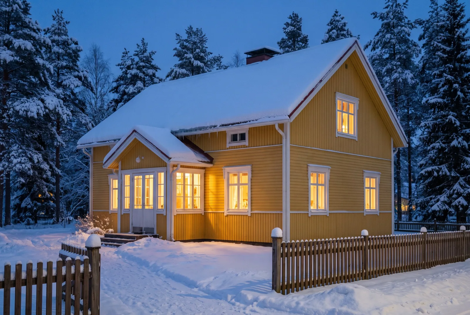 Keltainen puutalo talvisessa hämärässä, lumi katolla ja lämmin valo ikkunoissa