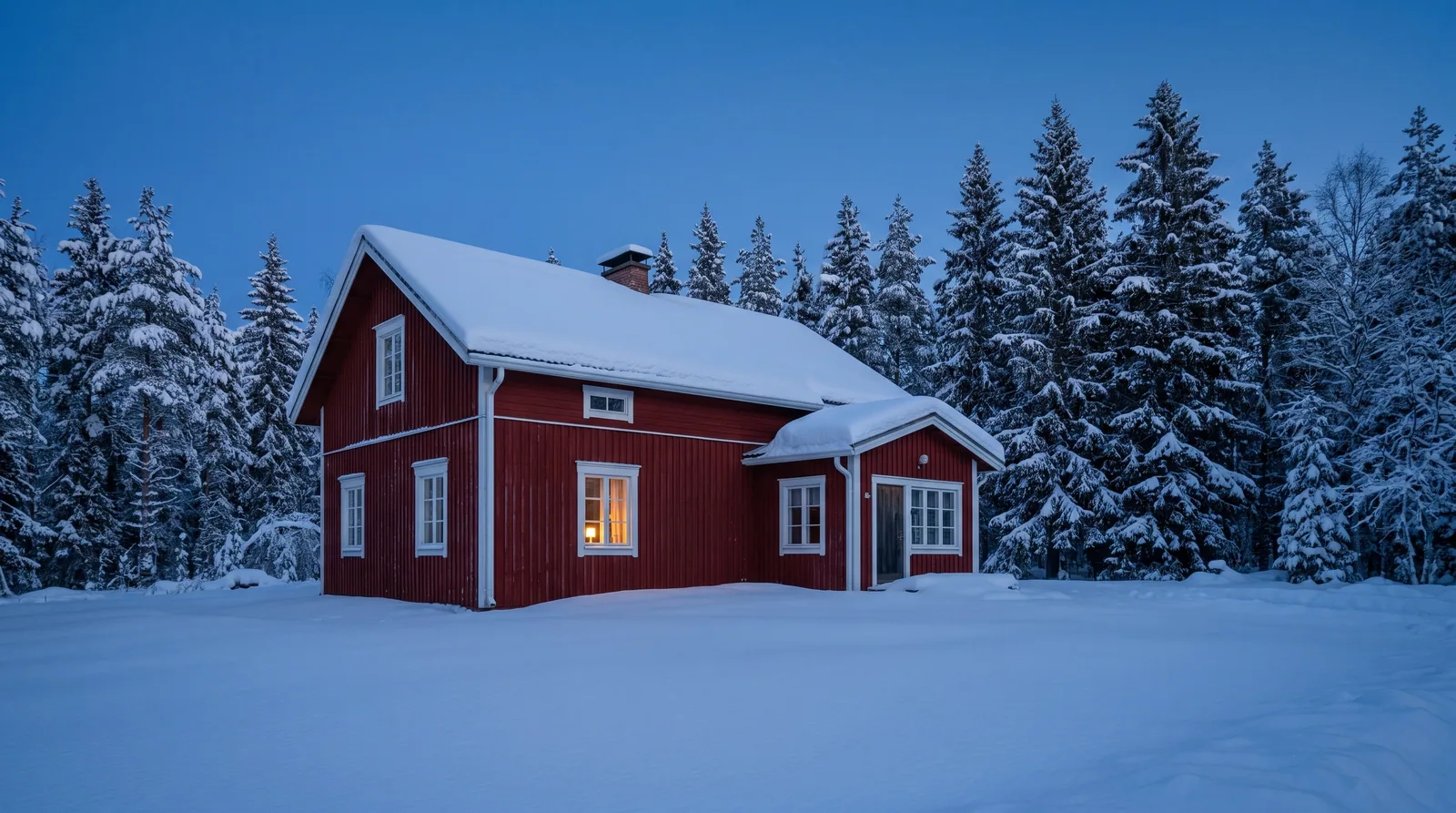 Punainen suomalainen puutalo lumisessa kuusimetsässä talvihämärässä, yhdessä ikkunassa lämmin valo