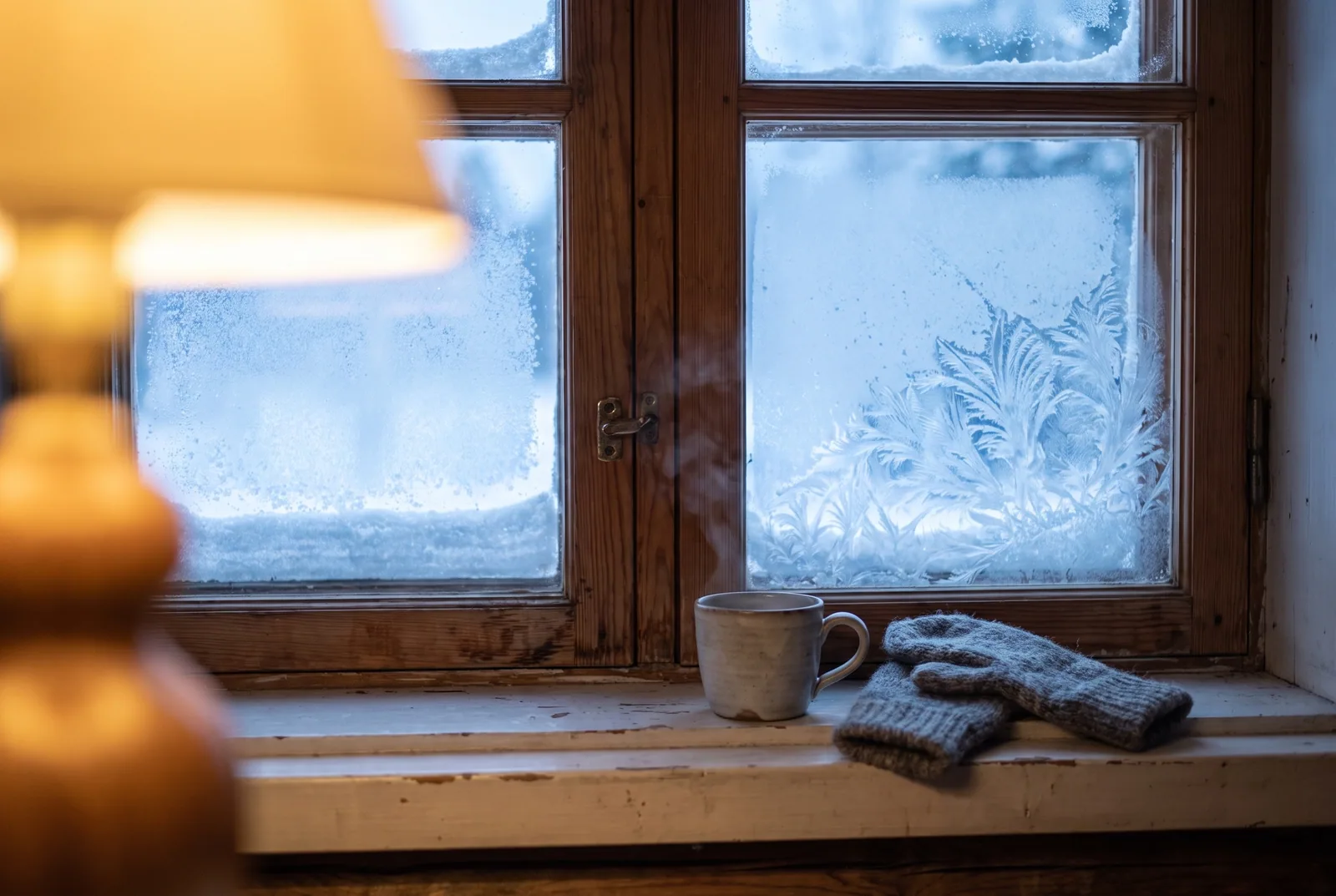 Jääkukkia vanhan puuikkunan lasissa, ikkunalaudalla höyryävä kahvimuki ja villalapaset
