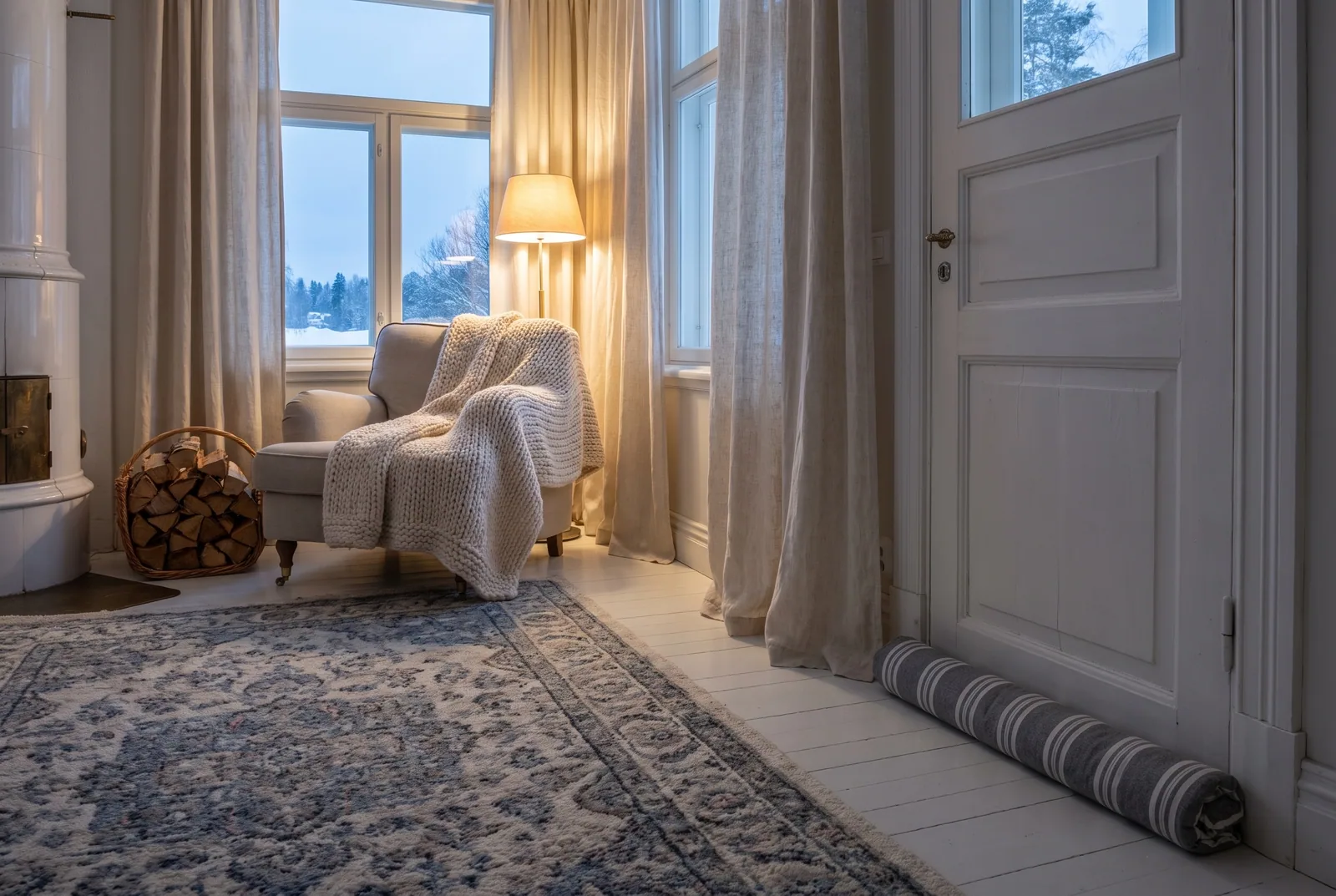 Paksut pellavaverhot ikkunassa, vetotyyny lasiruutuisen oven alla ja villamatto puulattialla