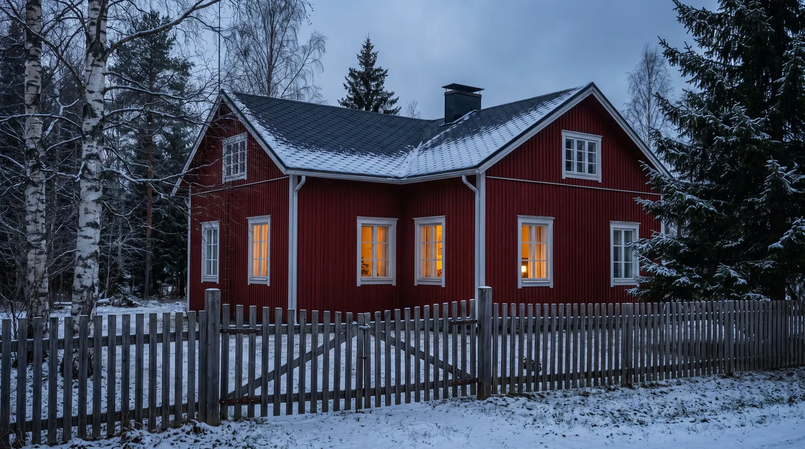 Punainen rintamamiestalo talvihämärässä, ikkunoissa valoa ja pihalla ohut lumikerros