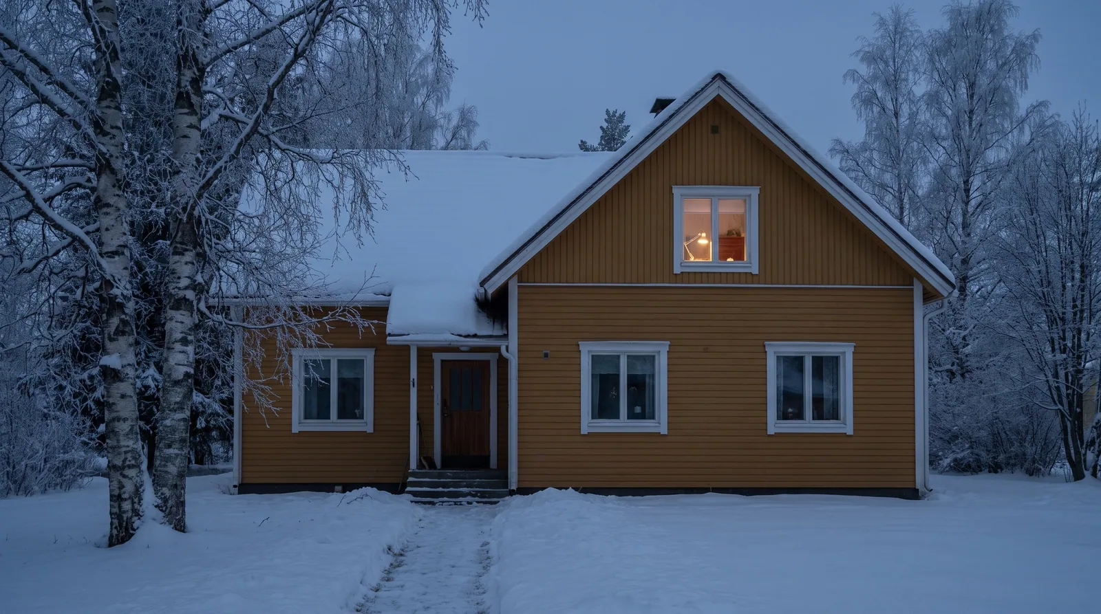 Keltainen rintamamiestalo lumisena talviaamuna, yläkerran päätyikkunassa palaa työvalo