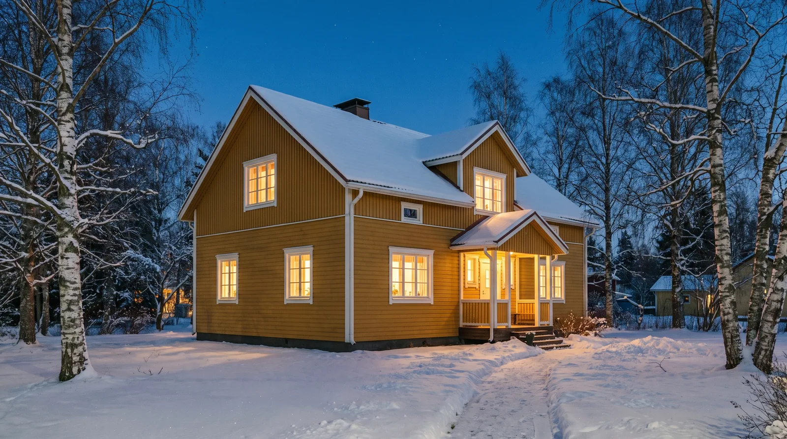 Keltainen rintamamiestalo lumisessa pihassa joulukuun hämärässä, ikkunoissa lämmin valo