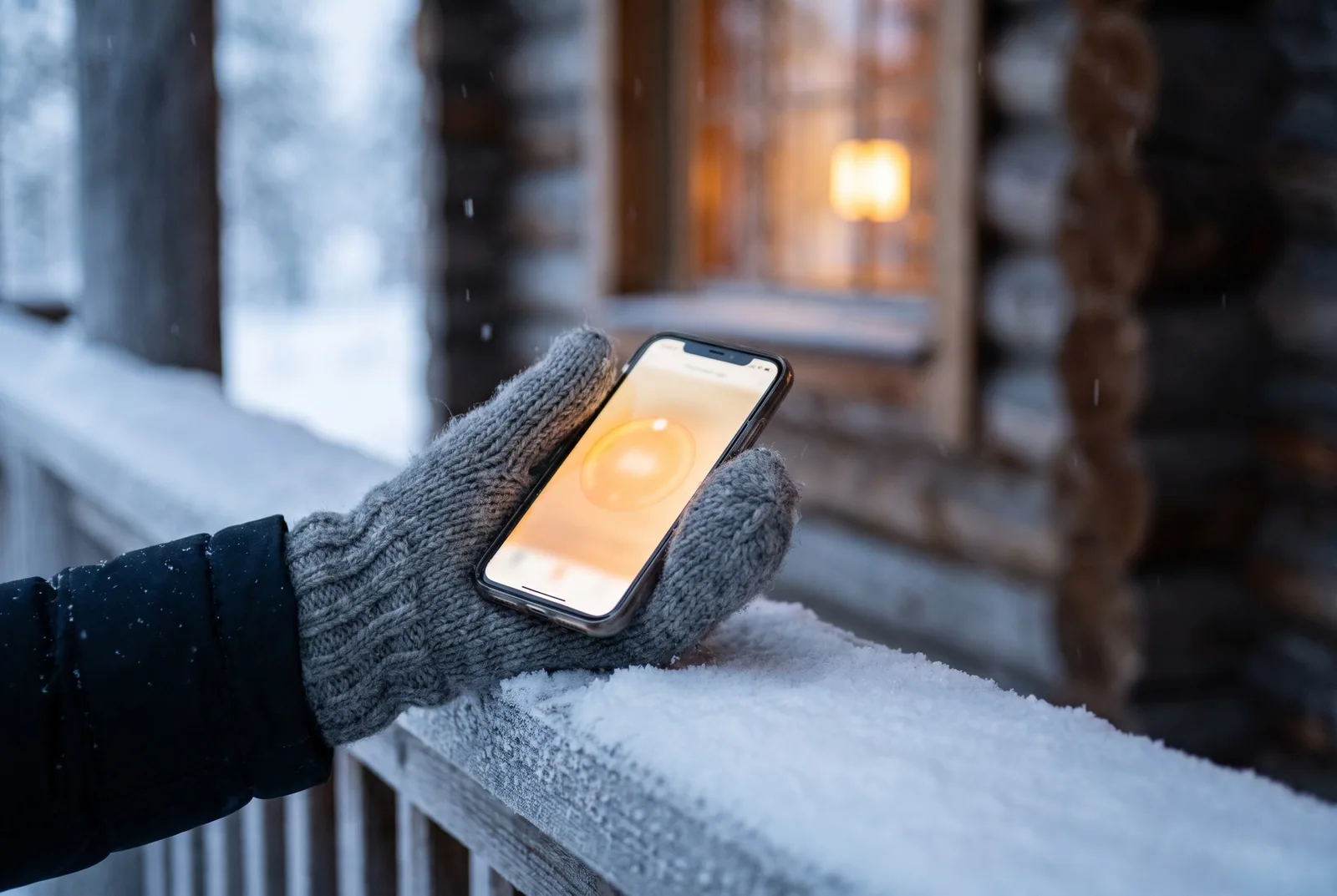 Harmaaseen villalapaseen puettu käsi pitää puhelinta, jonka näytöllä on termostaattisovelluksen lämpötilasäädin, taustalla luminen mökin kuisti