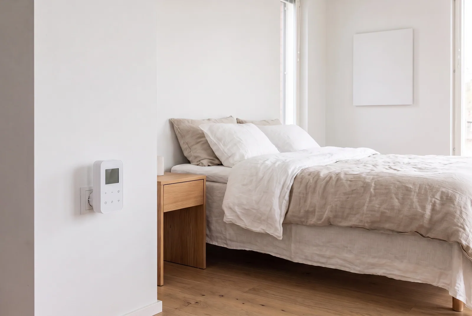 Valkoinen Smart Plug -pistoketermostaatti seinäpistorasiassa makuuhuoneessa, infrapunapaneeli kauempana toisella seinällä