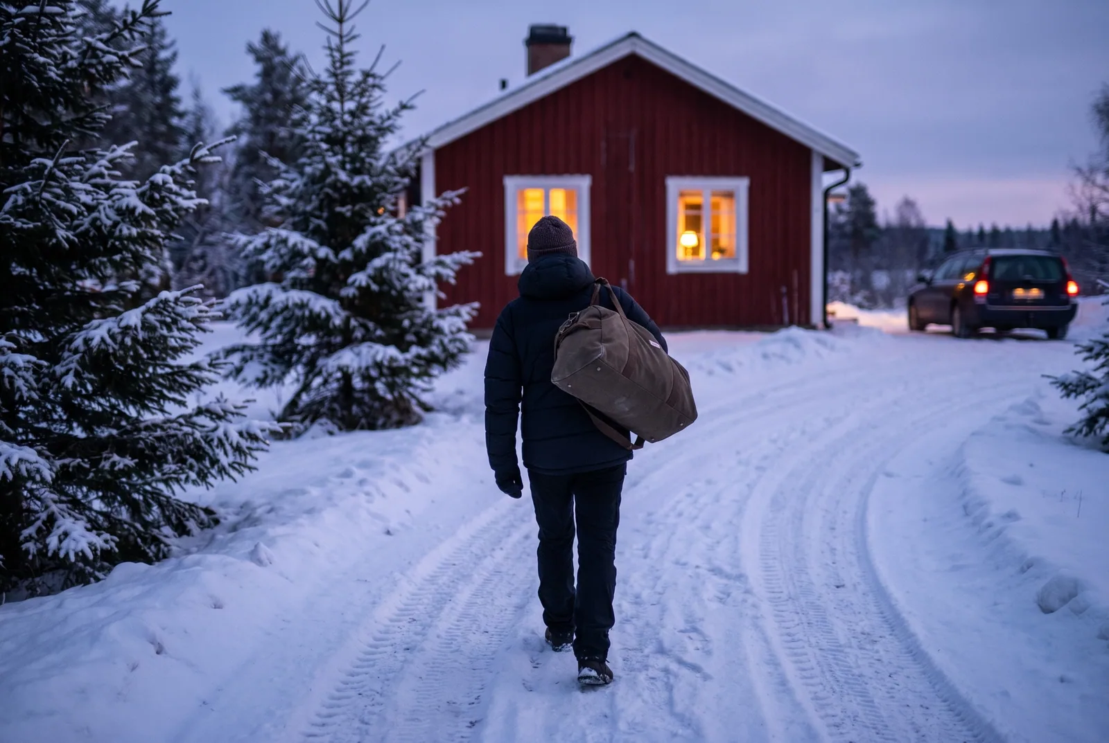 Takaapäin kuvattu ihminen kantaa kassia lumista pihatietä punaiselle mökille, jonka ikkunoissa palaa lämmin valo hämärässä